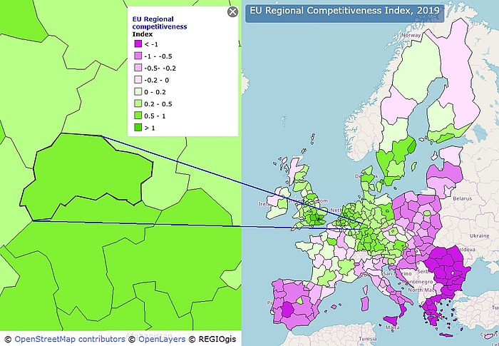 Karte zum Europäischen Wettbewerbsfähigkeits-Index 2019, Ausschnitt und Blick auf Festland-Europa