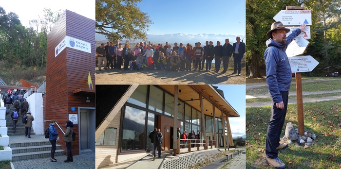 Impressionen vom Studienbesuch (von links nach rechts): Seilbahn zur Zitadelle von Râșnov, das Nationalpark-Zentrum des Nationalparks Piatra Craiului, Gruppenbild mit dem Gebirge Fogarasch, Wegweiser zu den verschiedenen Eco-Trails (Fotos: Kirsten Steimel)