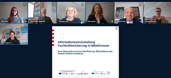 Die Organisatorinnen und Organisatoren der Informationsveranstaltung „Fachkräftesicherung in Mittelhessen – Neue Wege gehen mit einer Qualifizierung, Weiterbildung oder flexiblen Teilzeit-Ausbildung“ (Screenshot: Olivia Visby)